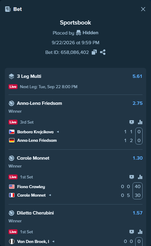 Bet slip: Fiona Crawley - Carole Monnet, $20,000.00 stake at 1.30 odds, placed by Hidden
