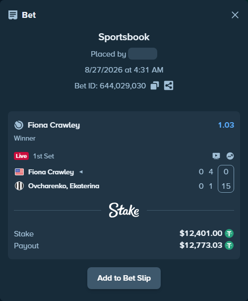 Bet slip: Fiona Crawley - Ovcharenko, Ekaterina, $12,401.00 stake at 1.03 odds, placed by 84122880