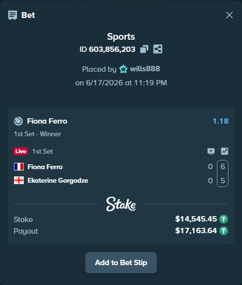 Bet slip: Fiona Ferro - Ekaterine Gorgodze, $14,560.00 stake at 1.18 odds, placed by wills888