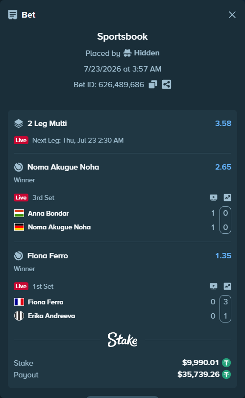 Bet slip: Fiona Ferro - Erika Andreeva, $10,000.00 stake at 1.35 odds, placed by Hidden