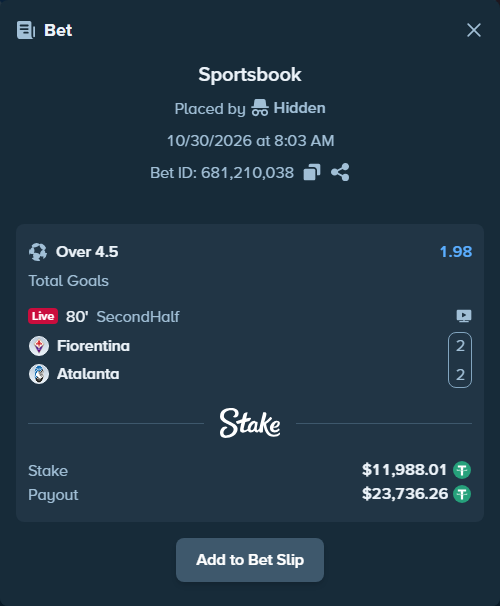 Bet slip: Fiorentina - Atalanta, $12,000.00 stake at 1.98 odds, placed by Hidden