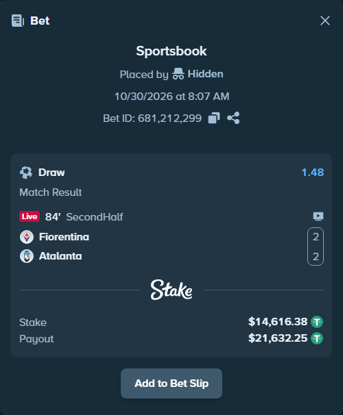 Bet slip: Fiorentina - Atalanta, $14,631.00 stake at 1.48 odds, placed by Hidden