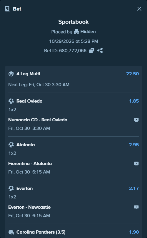 Bet slip: Fiorentina - Atalanta, $25,000.00 stake at 2.95 odds, placed by Hidden