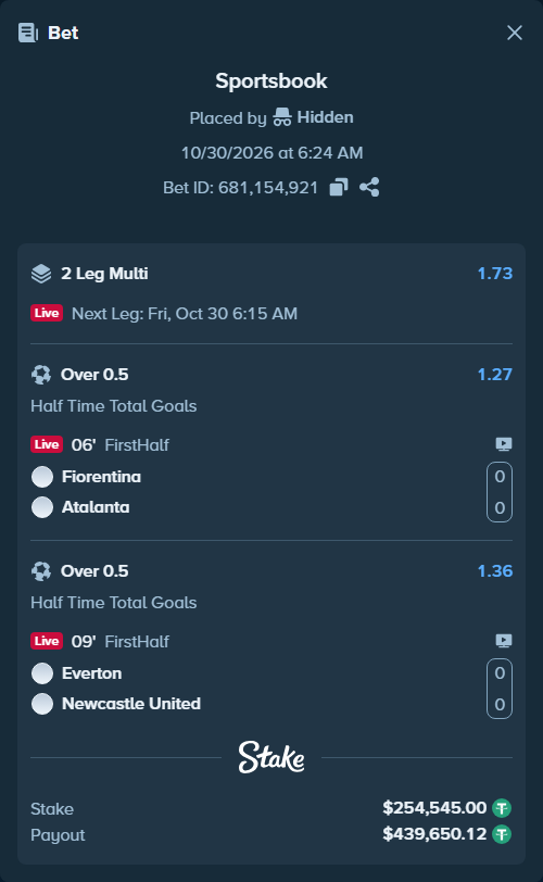 Bet slip: Fiorentina - Atalanta, $254,799.54 stake at 1.27 odds, placed by Hidden
