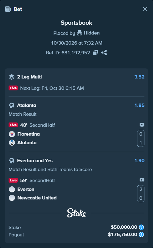 Bet slip: Fiorentina - Atalanta, $50,000.00 stake at 1.85 odds, placed by Hidden