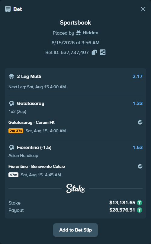 Bet slip: Fiorentina - Benevento Calcio, $13,194.84 stake at 1.63 odds, placed by Hidden