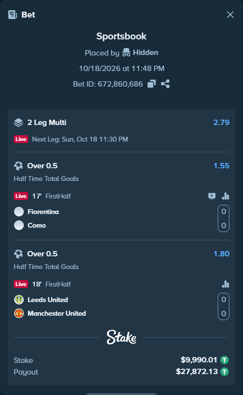 Bet slip: Fiorentina - Como, $10,000.00 stake at 1.55 odds, placed by tlwns4736