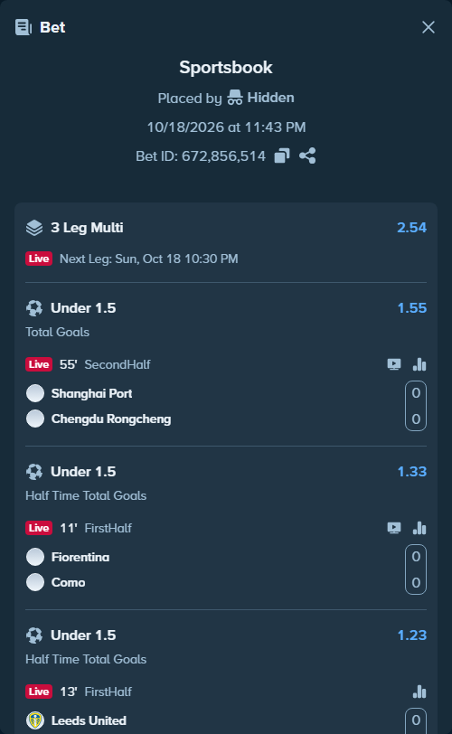 Bet slip: Fiorentina - Como, $18,000.00 stake at 1.33 odds, placed by Prof200