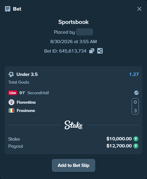 Bet slip: Fiorentina - Frosinone, $10,000.00 stake at 1.27 odds, placed by ChelseaPadel