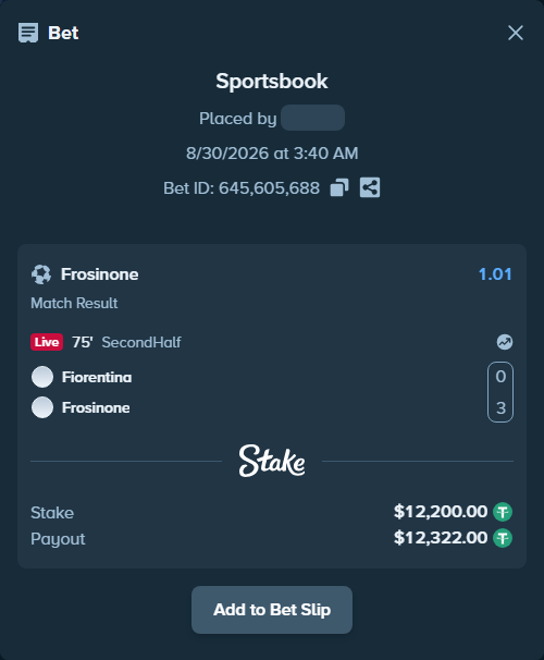 Bet slip: Fiorentina - Frosinone, $12,200.00 stake at 1.01 odds, placed by OysterLab