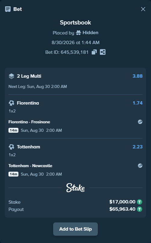 Bet slip: Fiorentina - Frosinone, $17,000.00 stake at 1.74 odds, placed by Hidden