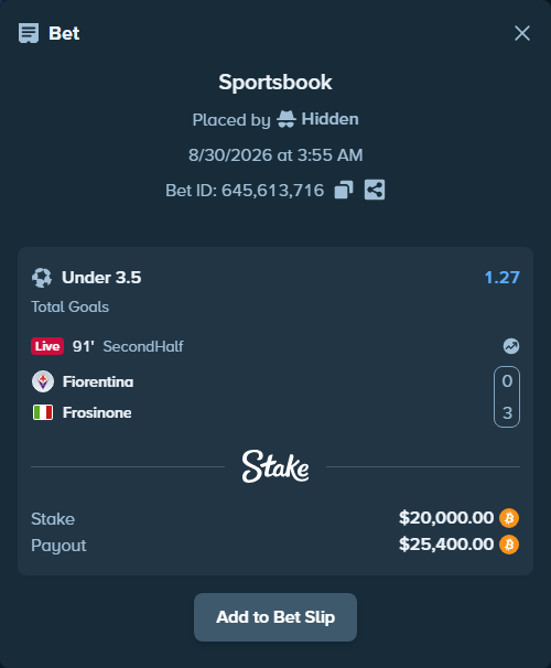Bet slip: Fiorentina - Frosinone, $20,027.14 stake at 1.27 odds, placed by Hidden