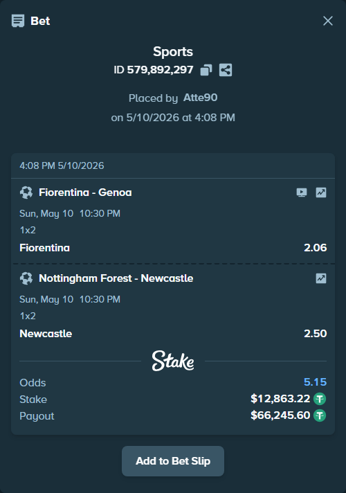 Bet slip: Fiorentina - Genoa, $12,863.22 stake at 2.06 odds, placed by Atte90