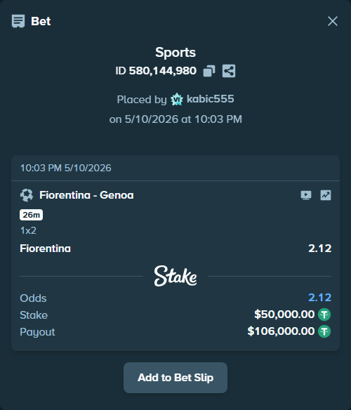 Bet slip: Fiorentina - Genoa, $50,000.00 stake at 2.12 odds, placed by kabic555