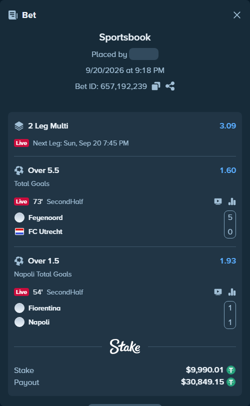 Bet slip: Fiorentina - Napoli, $10,000.00 stake at 1.93 odds, placed by tlwns4736