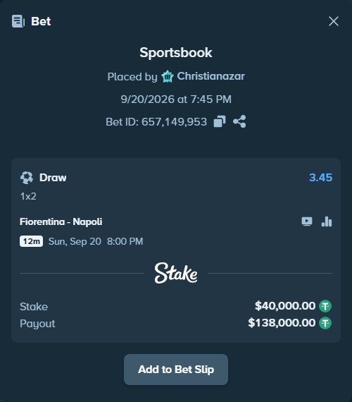 Bet slip: Fiorentina - Napoli, $40,000.00 stake at 3.45 odds, placed by Christianazar