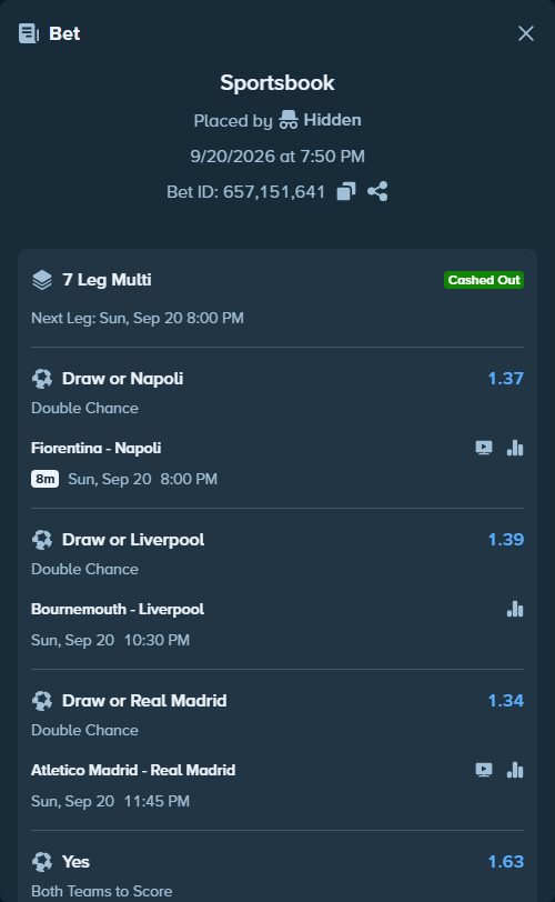 Bet slip: Fiorentina - Napoli, $60,000.00 stake at 1.37 odds, placed by Hidden