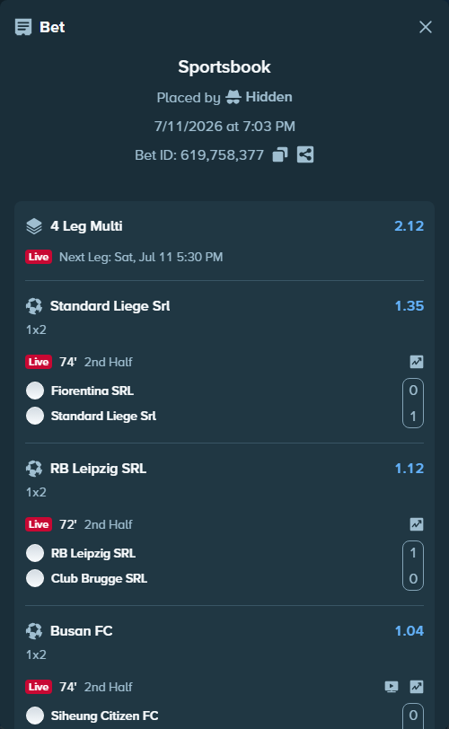 Bet slip: Fiorentina SRL - Standard Liege Srl, $23,000.00 stake at 1.35 odds, placed by Hidden