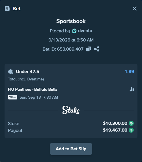 Bet slip: FIU Panthers - Buffalo Bulls, $10,300.00 stake at 1.89 odds, placed by dvento