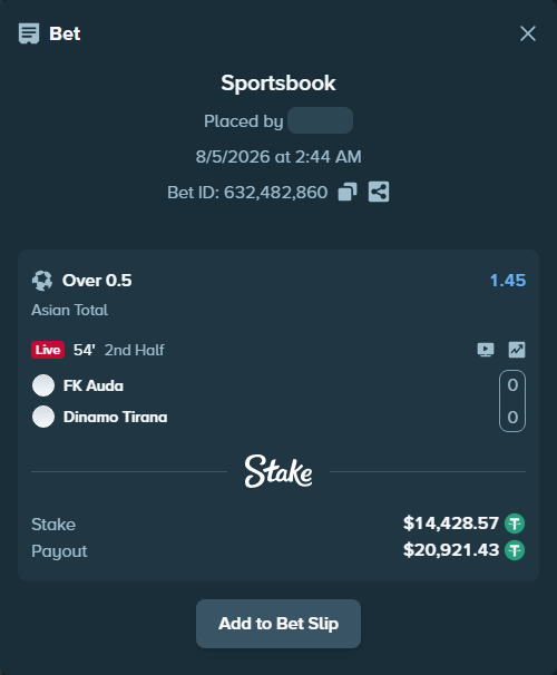Bet slip: FK Auda Riga - FC Dinamo City, $14,443.00 stake at 1.45 odds, placed by tlwns4736