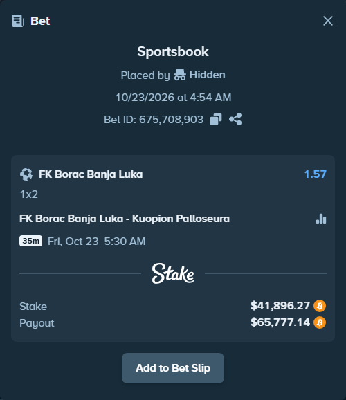 Bet slip: FK Borac Banja Luka - Kuopion Palloseura, $42,102.93 stake at 1.57 odds, placed by Lilyoung07