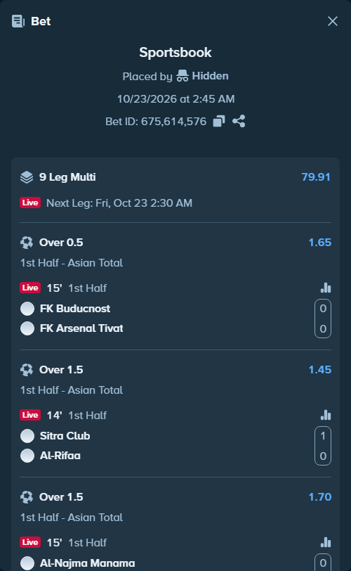 Bet slip: FK Buducnost - FK Arsenal Tivat, $10,000.00 stake at 1.65 odds, placed by Hidden