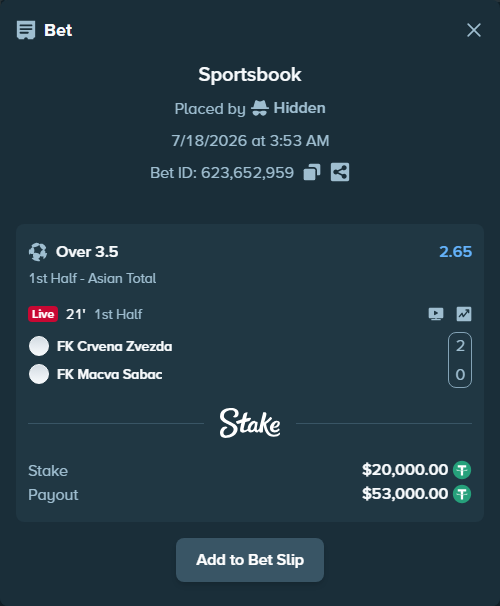 Bet slip: FK Crvena Zvezda Belgrade - FK Macva Sabac, $20,000.00 stake at 2.65 odds, placed by Hidden