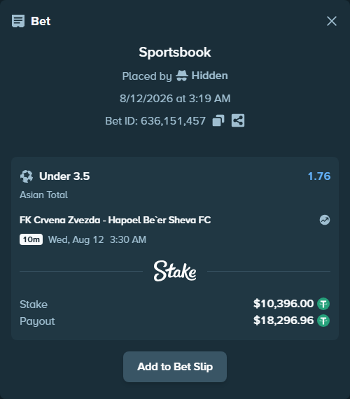 Bet slip: FK Crvena Zvezda Belgrade - Hapoel Be'er Sheva FC, $10,406.40 stake at 1.76 odds, placed by Hidden