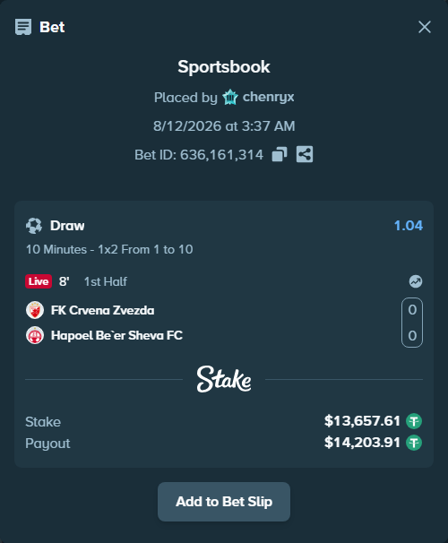 Bet slip: FK Crvena Zvezda Belgrade - Hapoel Be'er Sheva FC, $13,671.27 stake at 1.04 odds, placed by chenryx