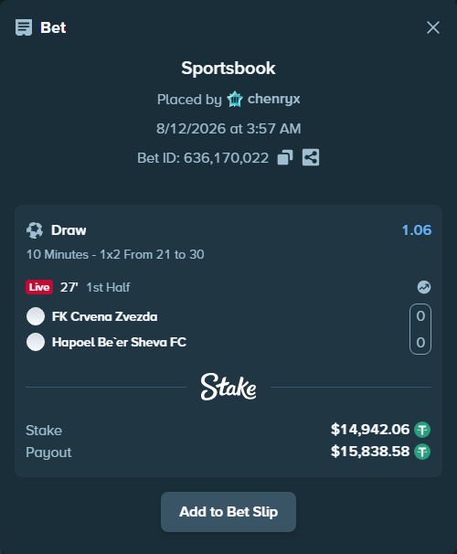 Bet slip: FK Crvena Zvezda Belgrade - Hapoel Be'er Sheva FC, $14,957.00 stake at 1.06 odds, placed by chenryx