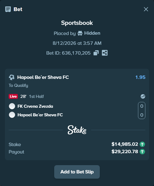 Bet slip: FK Crvena Zvezda Belgrade - Hapoel Be'er Sheva FC, $15,000.00 stake at 1.95 odds, placed by Hidden