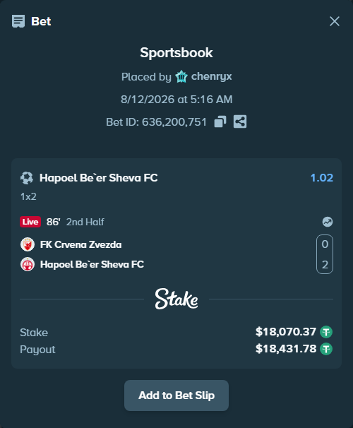 Bet slip: FK Crvena Zvezda Belgrade - Hapoel Be'er Sheva FC, $18,088.44 stake at 1.02 odds, placed by chenryx