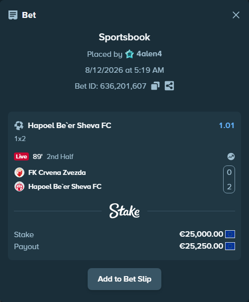 Bet slip: FK Crvena Zvezda Belgrade - Hapoel Be'er Sheva FC, $27,000.00 stake at 1.01 odds, placed by 4alen4