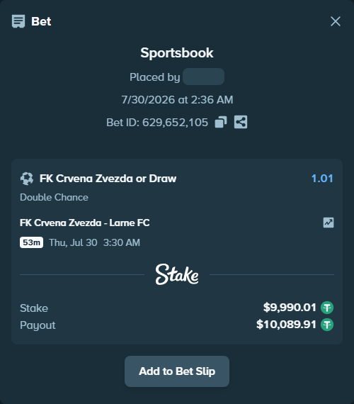 Bet slip: FK Crvena Zvezda Belgrade - Larne FC, $10,000.00 stake at 1.01 odds, placed by criscas85