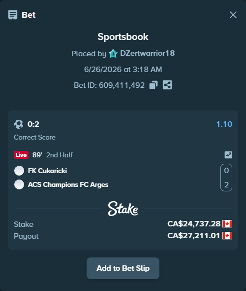 Bet slip: FK Cukaricki Belgrade - ACS Champions FC Arges, $18,305.59 stake at 1.10 odds, placed by DZertwarrior18