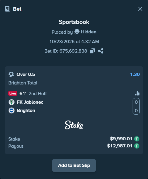 Bet slip: FK Jablonec - Brighton, $10,000.00 stake at 1.30 odds, placed by Jackpoor