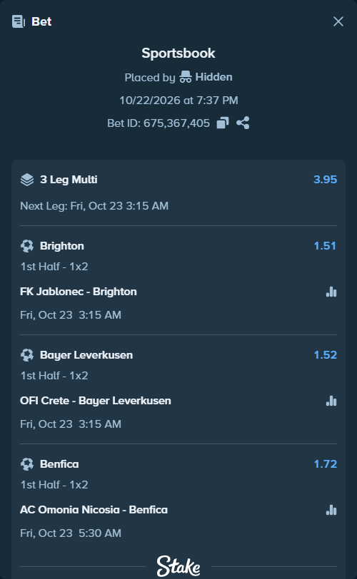 Bet slip: FK Jablonec - Brighton, $100,000.00 stake at 1.51 odds, placed by Hidden