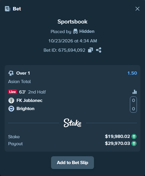 Bet slip: FK Jablonec - Brighton, $20,000.00 stake at 1.50 odds, placed by Jackpoor