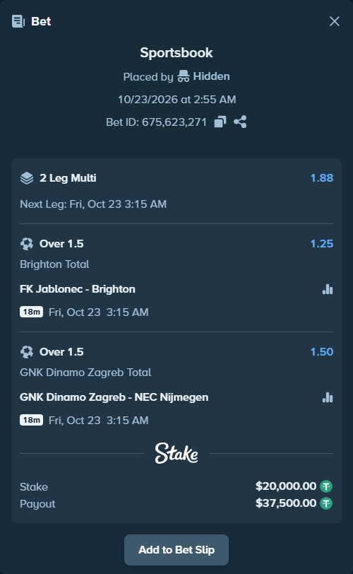 Bet slip: FK Jablonec - Brighton, $20,020.00 stake at 1.25 odds, placed by Hidden
