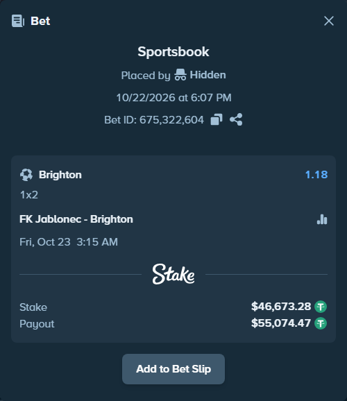 Bet slip: FK Jablonec - Brighton, $46,719.95 stake at 1.18 odds, placed by Thor9977