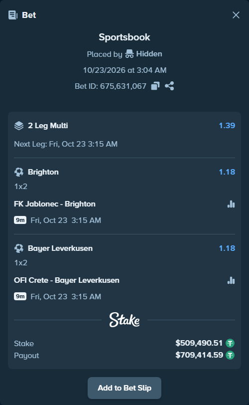 Bet slip: FK Jablonec - Brighton, $510,000.00 stake at 1.18 odds, placed by Hidden