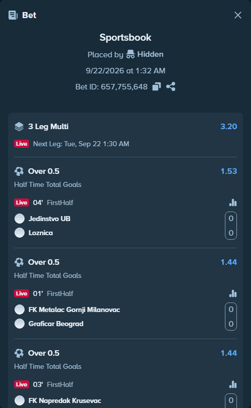 Bet slip: FK Jedinstvo UB - FK Loznica, $71,949.00 stake at 1.53 odds, placed by Hidden