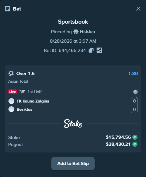 Bet slip: FK Kauno Zalgiris - Besiktas, $15,794.56 stake at 1.80 odds, placed by Hidden