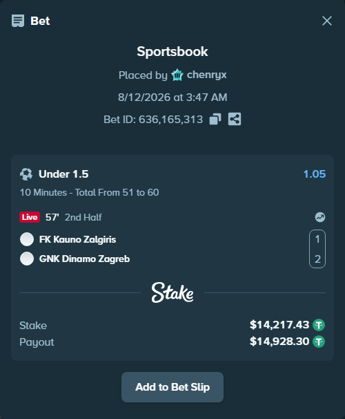 Bet slip: FK Kauno Zalgiris - GNK Dinamo Zagreb, $14,231.65 stake at 1.05 odds, placed by chenryx