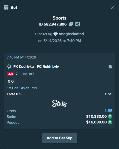 Bet slip: FK Kudrivka - FC Rukh Lviv, $10,380.00 stake at 1.55 odds, placed by rmaghsdudthd