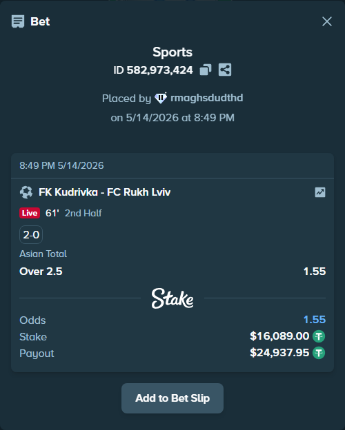 Bet slip: FK Kudrivka - FC Rukh Lviv, $16,089.00 stake at 1.55 odds, placed by rmaghsdudthd