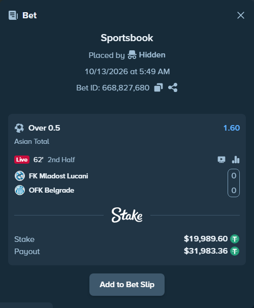 Bet slip: FK Mladost Lucani - OFK Beograd, $20,009.59 stake at 1.60 odds, placed by youssefsadik