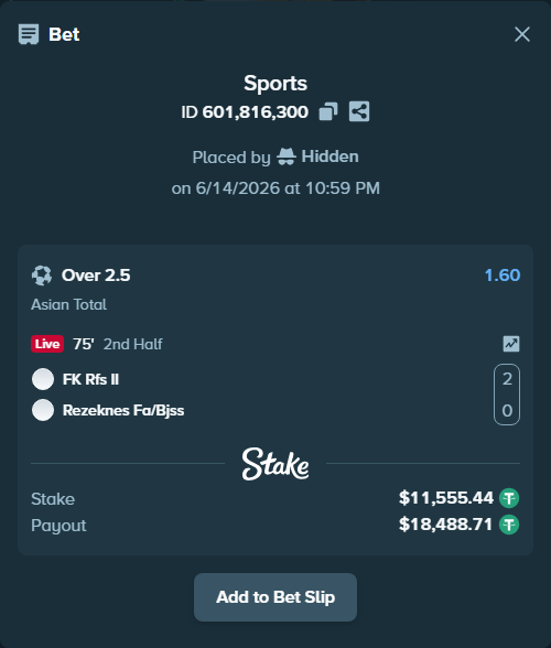 Bet slip: FK Rfs II - Rezeknes Fa/Bjss, $11,567.00 stake at 1.60 odds, placed by Hidden