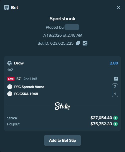 Bet slip: FK Spartak 1918 Varna - FC CSKA 1948, $27,054.40 stake at 2.80 odds, placed by kabic555