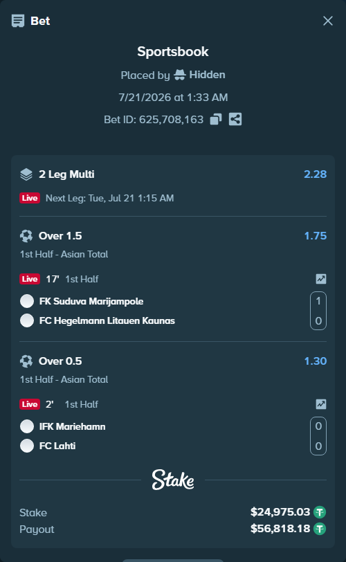 Bet slip: FK Suduva Marijampole - FC Hegelmann Kaunas, $25,000.00 stake at 1.75 odds, placed by Hidden